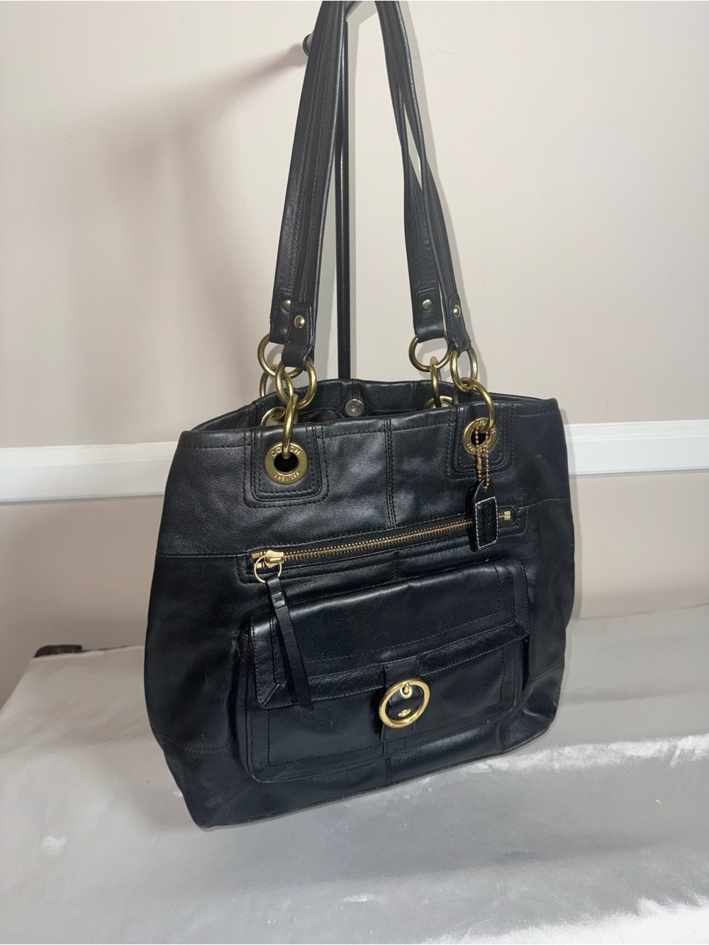 Coach Black Leather Shoulder Tote Bag with Gold Hardware